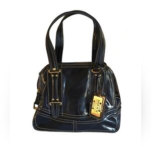Maxx New York Small Black Gold Stitch Patent Leather Purse Bowling Satchel Bag